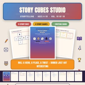Peut inclure: Kit de narration Story Cubes Studio pour les 4-10 ans, volume 10 sur 10. Comprend 9 dés à histoires, 4 jeux d'histoires et un livre d'écriture. Inclut des pages imprimées avec des modèles de dés, des tableaux de planification et le texte Roll a hero.