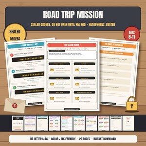 Jogos de viagem de carro para crianças de 8 a 11 anos "Missão de Viagem" | Ordens, selos e códigos em inglês em PDF | Decodificador de placas de carro, navegador | Formato A4+ Carta