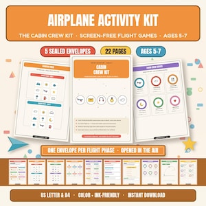 Peut inclure: Un kit d'activités pour avion destiné aux enfants de 5 à 7 ans, comprenant 5 enveloppes scellées et 22 pages de jeux sans écran. Le kit inclut des badges d'équipage, des cartes de bingo de fenêtre et des instructions de vol en couleur.