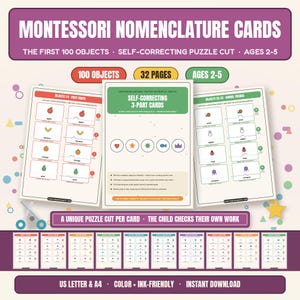 Montessori Nomenclature Cards Printable | 100 First Objects 3 Part Cards | Self Correcting Puzzle Cut | Toddler Vocabulary PDF