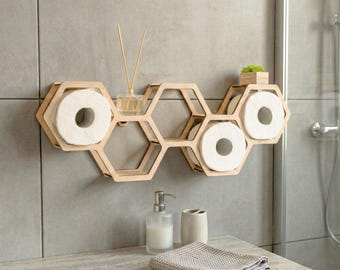 Portarrollos de papel higiénico hexagonal de madera, estante de pared para baño con diseño de panal y almacenamiento