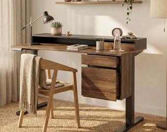 Escritorio de pie con cajones: mesa de pie ajustable en nogal para oficina en casa