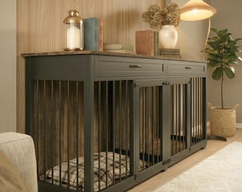 Mueble moderno con jaula doble para perros, cajones de almacenamiento, caseta para mascotas de interior resistente y soporte para TV.