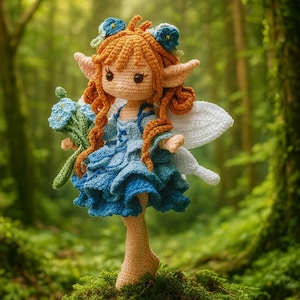 Könnte beinhalten: Eine handgefertigte Häkelfee-Puppe mit orangefarbenem Haar, blauen Akzenten und weißen Flügeln. Die Puppe trägt ein blaues Kleid und hält einen Strauß blauer Blumen. Die Fee steht auf grünem Moos.