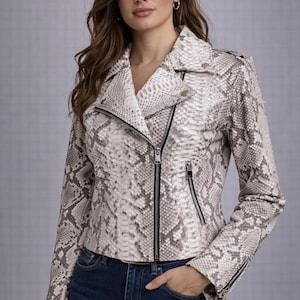 Women's Snakeskin Leather Moto Jacket | Cropped Biker Coat, Street Style Outerwear