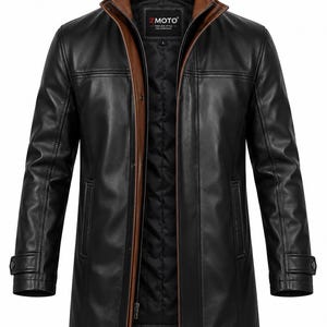 May include: A black jacket with a brown inner collar and placket, featuring a front zipper and snap button closure. The interior label reads ZMOTO TIMELESS STYLE FOR EVERYDAY and size L. It has long sleeves with buttoned cuffs and side pockets.