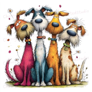 Puede incluir: Ilustraci&oacute;n caprichosa de cinco perros de dibujos animados, cada uno con colores de pelaje &uacute;nicos: rosa, azul, naranja, amarillo y marr&oacute;n. Est&aacute;n sentados uno al lado del otro con rasgos exagerados, usando collares. Margaritas y acentos rosas salpican el fondo blanco.