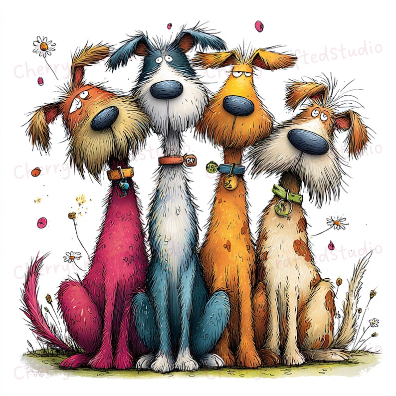 Puede incluir: Ilustraci&oacute;n caprichosa de cinco perros de dibujos animados, cada uno con colores de pelaje &uacute;nicos: rosa, azul, naranja, amarillo y marr&oacute;n. Est&aacute;n sentados uno al lado del otro con rasgos exagerados, usando collares. Margaritas y acentos rosas salpican el fondo blanco.