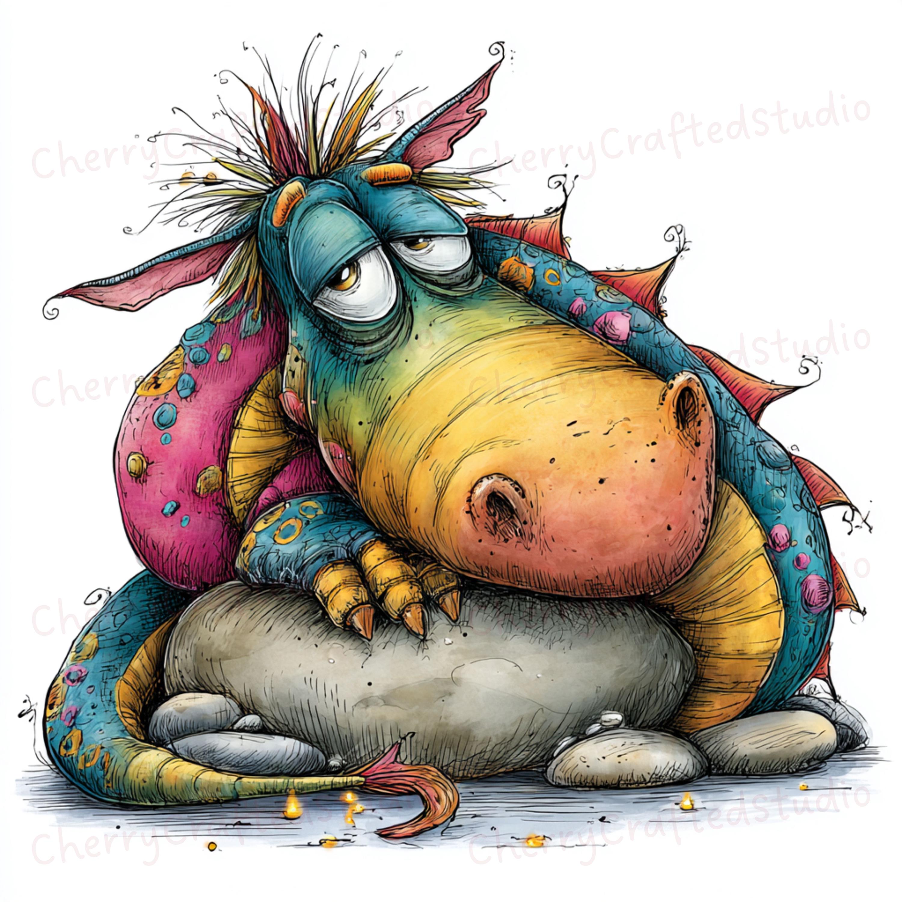 Goofy Exploding Dragon 28 Whimsical Lazy Baby Dragon Clipart JPG Set, Goofy Spring Watercolor ...