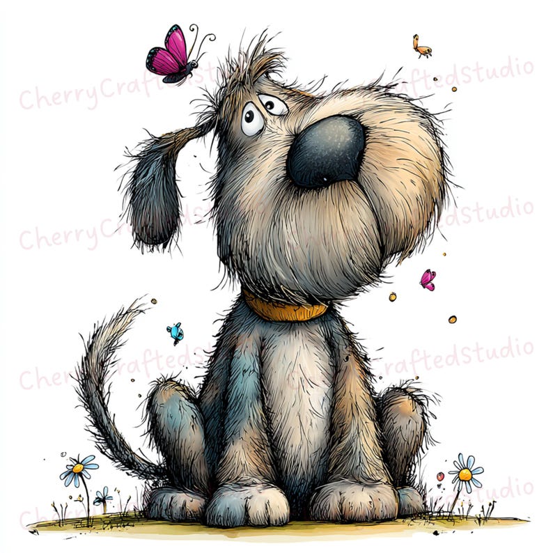 Puede incluir: Ilustraci&oacute;n caprichosa de un perro lanudo con una gran nariz, un collar amarillo y mirando hacia arriba a una mariposa rosa. El perro est&aacute; rodeado de peque&ntilde;as flores y otras mariposas. La obra de arte tiene un estilo dibujado a mano.