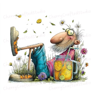Puede incluir: Ilustración caprichosa de una figura relajada con una gran nariz, con vaqueros azules y zapatos naranjas, disfrutando de una bebida con rodajas de limón. La escena está ambientada en un campo de flores, con rodajas de limón flotantes.
