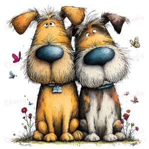 Puede incluir: Ilustraci&oacute;n caprichosa de dos perros de dibujos animados con grandes narices azules y ojos expresivos. Los perros son de color marr&oacute;n y beige, con pelaje esponjoso. Mariposas y flores los rodean, creando una escena alegre y juguetona.