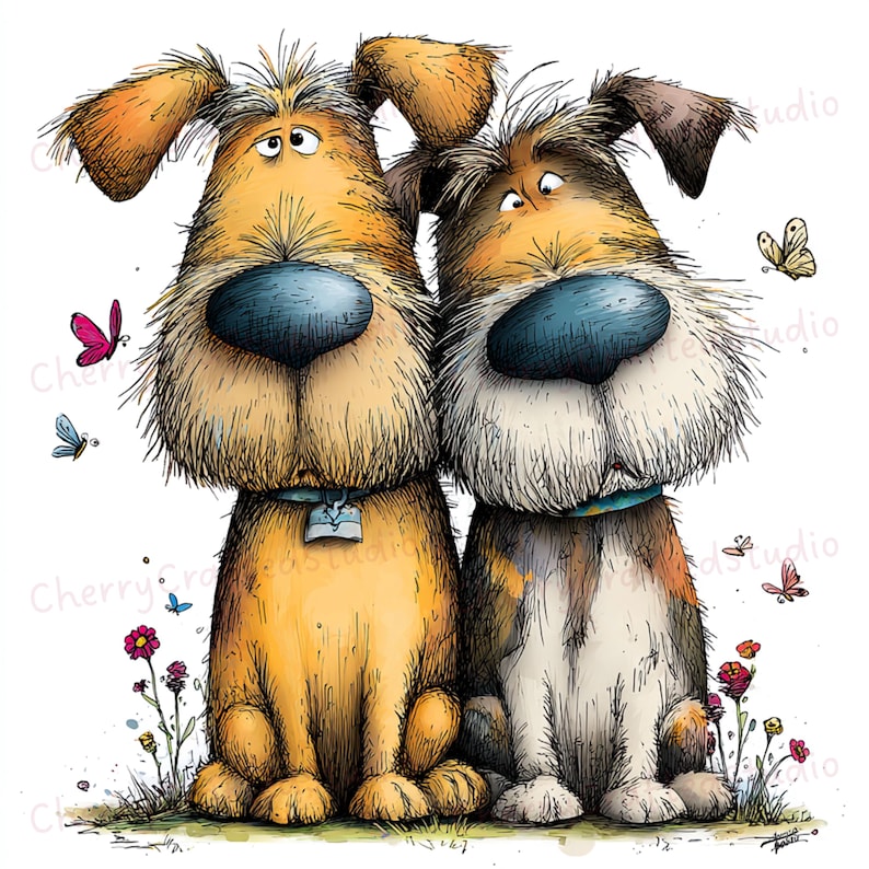 Puede incluir: Ilustraci&oacute;n caprichosa de dos perros de dibujos animados con grandes narices azules y ojos expresivos. Los perros son de color marr&oacute;n y beige, con pelaje esponjoso. Mariposas y flores los rodean, creando una escena alegre y juguetona.