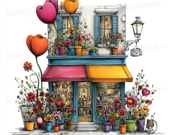 44 JPG lunatique fleur boutique monde Clipart ensemble, Illustration de scène florale confortable, téléchargement numérique