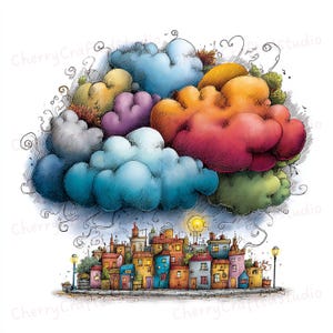 Puede incluir: Una ilustración caprichosa representa un paisaje de nubes colorido sobre un pueblo pintoresco. Las nubes están representadas en tonos de azul, amarillo, naranja, morado y rojo. El pueblo presenta edificios con varios colores y detalles arquitectónicos, con farolas y una calle adoquinada.