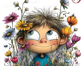 Ensemble de 32 cliparts JPG enfant paresseux lunatique, illustration aquarelle printemps loufoque, téléchargement numérique