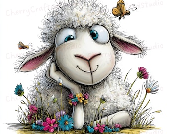 32 JPG grillige Lazy Little Lamb clipartset, Goofy lente aquarel illustratie, digitale download