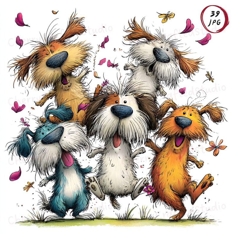 39 imágenes prediseñadas de perros perezosos y peculiares en formato JPG, ilustración de acuarela de primavera y verano, descarga digital imagen 1