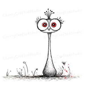May include: Whimsical black and white illustration of a long-necked bird-like creature with large eyes and red pupils. The creature has a small crown and is standing in a grassy area with small flowers and red splatters.