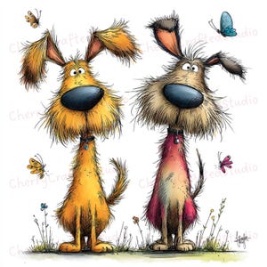Puede incluir: Ilustraci&oacute;n caprichosa de dos perros de dibujos animados con grandes narices y orejas ca&iacute;das. Uno es dorado, el otro marr&oacute;n y rosa. Mariposas y peque&ntilde;as flores rodean a los perros.