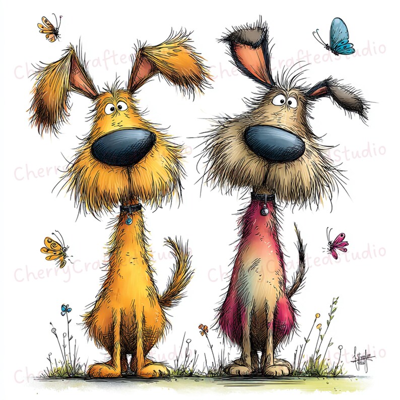 Puede incluir: Ilustraci&oacute;n caprichosa de dos perros de dibujos animados con grandes narices y orejas ca&iacute;das. Uno es dorado, el otro marr&oacute;n y rosa. Mariposas y peque&ntilde;as flores rodean a los perros.
