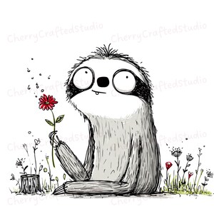 Puede incluir: Ilustración en blanco y negro de un perezoso sosteniendo una flor roja. El perezoso tiene ojos grandes y una expresión cómica. También se ven flores silvestres y el texto "CherryCraftedStudio".