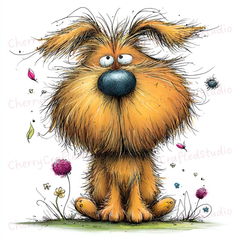 Puede incluir: Ilustraci&oacute;n caprichosa de un perro peludo, de color marr&oacute;n anaranjado, con una cara grande y esponjosa y una nariz azul. El perro est&aacute; sentado sobre hierba verde, rodeado de flores de colores y hojas flotantes. El estilo es de dibujos animados.