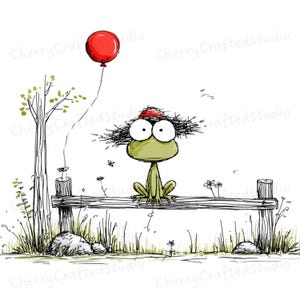 May include: Whimsical illustration of a green frog with large eyes, wearing a red hat and sitting on a wooden fence. A red balloon floats in the air, connected by a string. The artwork has a hand-drawn style.