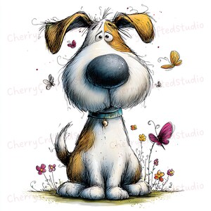 Puede incluir: Ilustraci&oacute;n caprichosa de un perro con una gran nariz, pelaje marr&oacute;n y blanco y orejas ca&iacute;das. El perro est&aacute; sentado entre flores y mariposas. Lleva un collar azul con una campana.