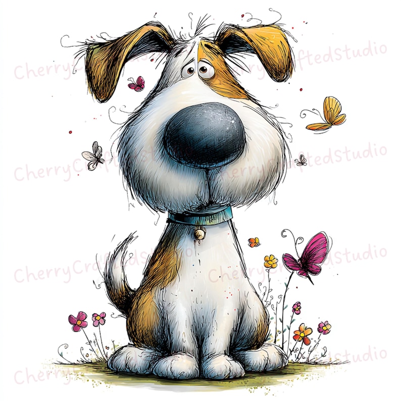 Puede incluir: Ilustraci&oacute;n caprichosa de un perro con una gran nariz, pelaje marr&oacute;n y blanco y orejas ca&iacute;das. El perro est&aacute; sentado entre flores y mariposas. Lleva un collar azul con una campana.