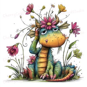 May include: A whimsical illustration of a cartoon dragon with a flower crown and colorful scales. The dragon is in a seated position, surrounded by pink, yellow, and green flowers. The dragon has a thoughtful expression.