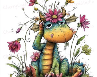 34 JPG Whimsical Lazy Baby Dragon Clipart Set, Goofy Spring Watercolor Illustration, Digital Download