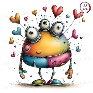 35 schrullig fauler Alien Clipart JPG Set, Valentin-Aquarell-Illustration, wunderlicher Alien, digitaler Download