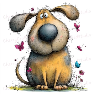 Puede incluir: Ilustraci&oacute;n caprichosa de un perro de dibujos animados con una gran nariz, orejas ca&iacute;das y un pelaje esponjoso en tonos marrones, beige y grises. Mariposas rosas y azules y peque&ntilde;as flores rodean al perro, creando una escena juguetona.