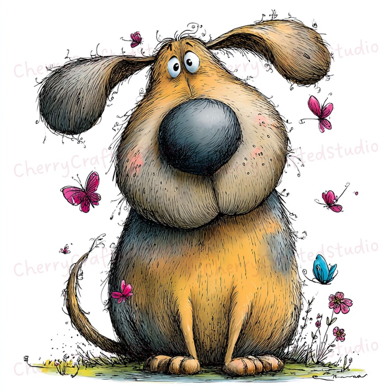 Puede incluir: Ilustraci&oacute;n caprichosa de un perro de dibujos animados con una gran nariz, orejas ca&iacute;das y un pelaje esponjoso en tonos marrones, beige y grises. Mariposas rosas y azules y peque&ntilde;as flores rodean al perro, creando una escena juguetona.