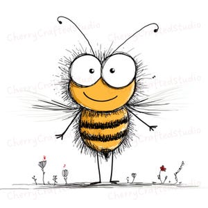 Puede incluir: Ilustración de dibujos animados de una abeja con ojos grandes, un cuerpo a rayas amarillas y negras y una cara sonriente. La abeja tiene pequeñas alas y está de pie sobre una línea con dibujos de flores simples. El texto "Cherry Crafted Studio" está en el fondo.