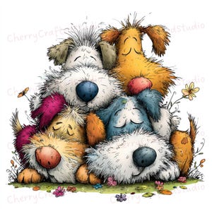 Puede incluir: Una ilustraci&oacute;n caprichosa de cinco perros de dibujos animados esponjosos, acurrucados juntos. Los perros tienen varios colores de pelaje, incluyendo blanco, amarillo, naranja y azul, con los ojos cerrados y expresiones felices. Flores y hierba rodean a los perros.