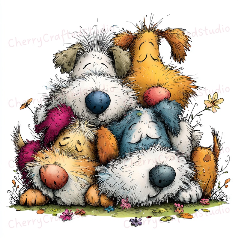 Puede incluir: Una ilustraci&oacute;n caprichosa de cinco perros de dibujos animados esponjosos, acurrucados juntos. Los perros tienen varios colores de pelaje, incluyendo blanco, amarillo, naranja y azul, con los ojos cerrados y expresiones felices. Flores y hierba rodean a los perros.