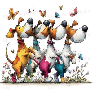 Puede incluir: Una ilustraci&oacute;n caprichosa de cinco perros de dibujos animados caminando juntos, cada uno con patrones de color &uacute;nicos y usando zapatillas deportivas. Las mariposas revolotean a su alrededor, y peque&ntilde;as flores salpican el suelo. Los perros tienen collares de diferentes colores.