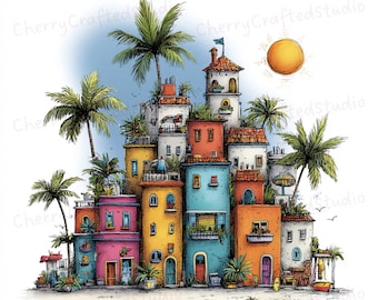 Ensemble de cliparts fantaisiste de plage d'été de 43 JPG, illustration de scène d'été confortable, téléchargement numérique