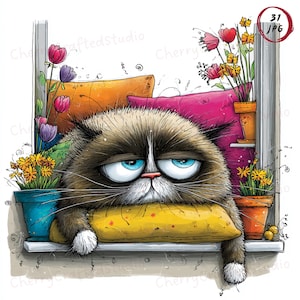 Könnte beinhalten: Illustration einer grummeligen Katze mit blauen Augen, die auf einem gelben Kissen in einem Fenster ruht. Bunte Kissen und Topfblumen umgeben die Katze. Das Bild hat einen Aquarellstil mit dem Text "Cherry CraftedStudio" im Hintergrund.