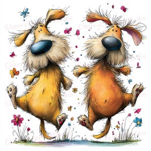 Puede incluir: Dos perros de dibujos animados con pelaje naranja y canela se representan saltando alegremente. Tienen grandes narices azules, orejas ca&iacute;das y est&aacute;n rodeados de coloridas mariposas y flores. La imagen tiene un estilo caprichoso y juguet&oacute;n.