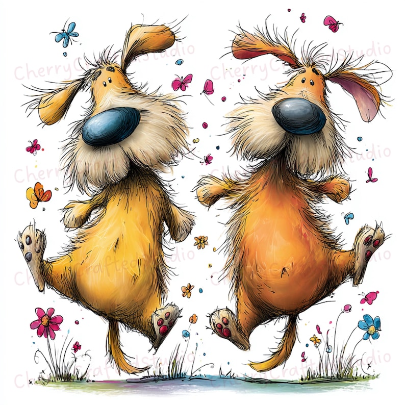 Puede incluir: Dos perros de dibujos animados con pelaje naranja y canela se representan saltando alegremente. Tienen grandes narices azules, orejas ca&iacute;das y est&aacute;n rodeados de coloridas mariposas y flores. La imagen tiene un estilo caprichoso y juguet&oacute;n.