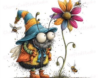 Ensemble de 35 cliparts lunatiques abeilles paresseuses JPG, illustration aquarelle florale loufoque, téléchargement numérique