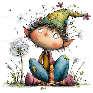 Conjunto de 28 imágenes prediseñadas JPG de un pequeño elfo perezoso y caprichoso, ilustración primaveral divertida en acuarela, descarga digital.