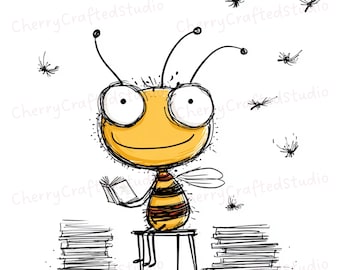 Ensemble de 27 cliparts originaux JPG abeille, illustration originale dessinée à la main lunatique, téléchargement numérique
