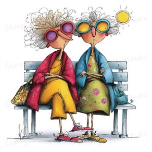 Pode incluir: Ilustração divertida de duas mulheres idosas sentadas num banco. Uma usa um casaco vermelho e um conjunto amarelo, a outra um casaco azul e um vestido floral. Ambas usam óculos grandes e ténis. Um dia ensolarado é retratado.
