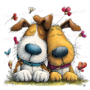 Puede incluir: Una ilustraci&oacute;n caprichosa presenta dos perros de dibujos animados, uno marr&oacute;n y blanco, el otro dorado, abraz&aacute;ndose. Tienen los ojos cerrados y llevan collares. Mariposas y flores en tonos rojos, rosas y azules flotan a su alrededor, sobre un fondo blanco.