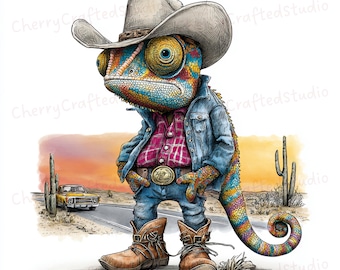37 JPG lunatique caméléon au Texas Clipart ensemble, illustration aquarelle confortable du Texas, téléchargement numérique