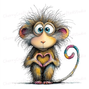 Peut inclure: Illustration d'un singe de dessin animé aux grands yeux bleus, formant un cœur avec ses mains. Le singe a une fourrure marron et jaune, un nez rose et une queue multicolore. Le texte "CherryCraftedStudio" est visible.